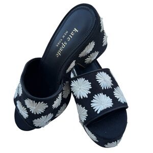 Kate Spade Ibiza Pom Pom Platform Black Mules with White Floral Design